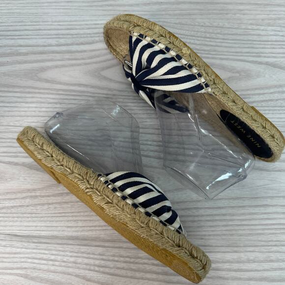 Nine West Slide Sandals SZ 10B Flat Espadrille Slip On Black White Striped Open - Picture 4 of 9